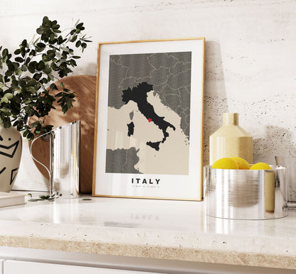 Italy Map Print - Personalised Map Gift - Framed or Canvas Options Available - Custom Text Options - Personalised Gift - Europe - Italy & Islands