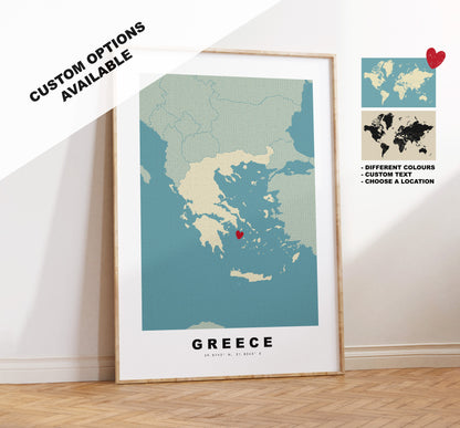 Greece Map Print - Personalised Map Gift - Framed or Canvas Options Available - Custom Text Options - Personalised Gift - Europe - Greece & Islands