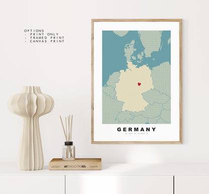 Germany Map Print - Personalised Map Gift - Framed or Canvas Options Available - Custom Text Options - Personalised Gift - Europe