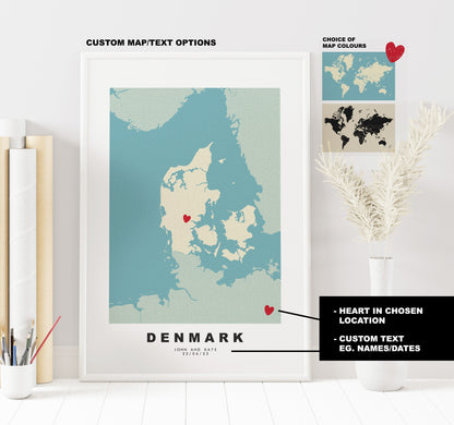 Denmark Map Print - Personalised Map Gift - Framed or Canvas Options Available - Custom Text Options - Personalised Gift - Europe