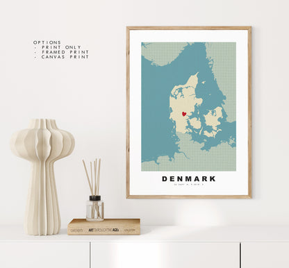 Denmark Map Print - Personalised Map Gift - Framed or Canvas Options Available - Custom Text Options - Personalised Gift - Europe