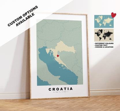 Croatia Map Print - Personalised Map Gift - Framed or Canvas Options Available - Custom Text Options - Personalised Gift - Europe