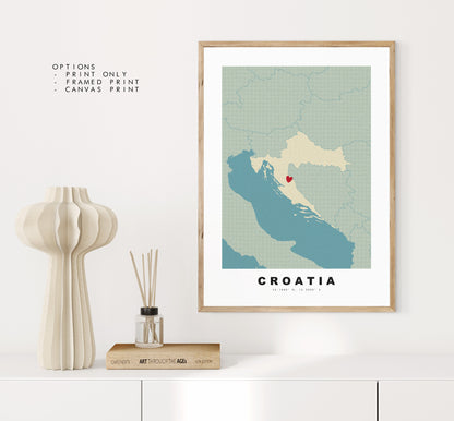 Croatia Map Print - Personalised Map Gift - Framed or Canvas Options Available - Custom Text Options - Personalised Gift - Europe