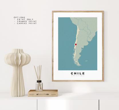 Chile Map Print - Personalised Map Gift - Framed or Canvas Options Available - Custom Text Options - Personalised Gift - South America