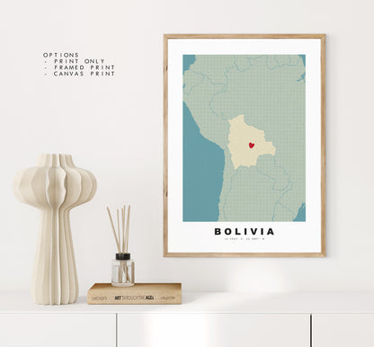 Bolivia Map Print - Personalised Map Gift - Framed or Canvas Options Available - Custom Text Options - Personalised Gift - South America