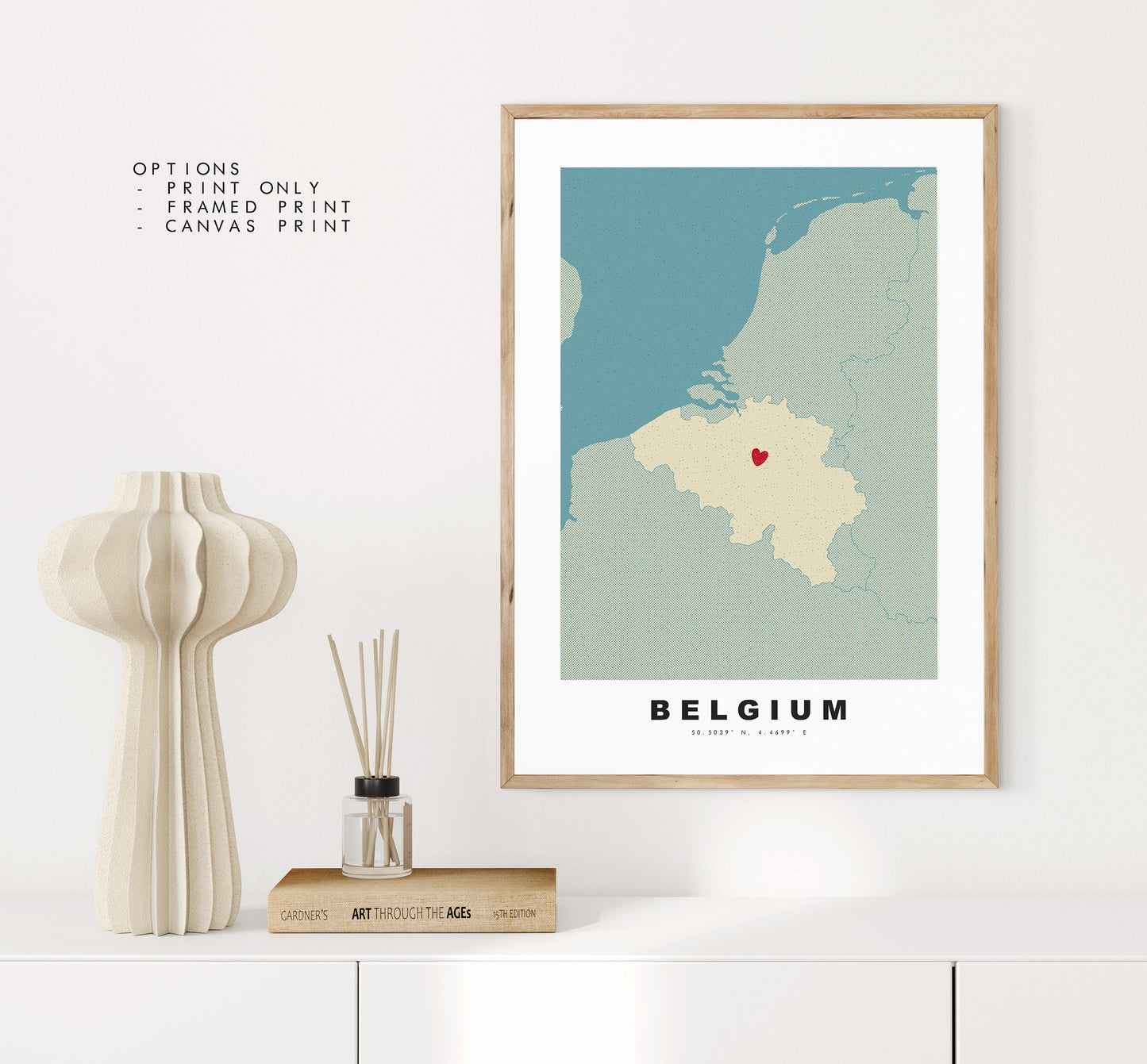 Belgium Map Print - Personalised Map Gift - Framed or Canvas Options Available - Custom Text Options - Personalised Gift - Europe