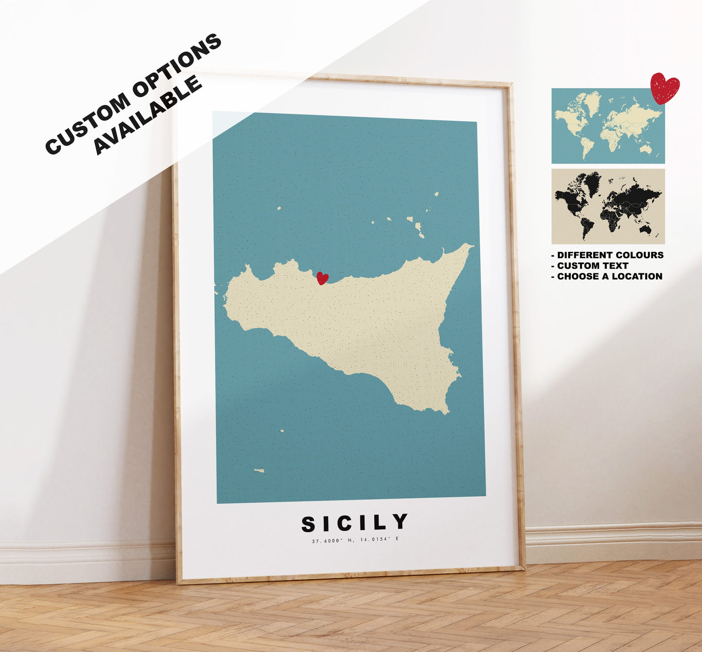 Sicily Map Print - Personalised Map Gift - Framed or Canvas Options Available - Custom Text Options - Personalised Gift - Italy & Islands