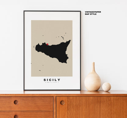 Sicily Map Print - Personalised Map Gift - Framed or Canvas Options Available - Custom Text Options - Personalised Gift - Italy & Islands