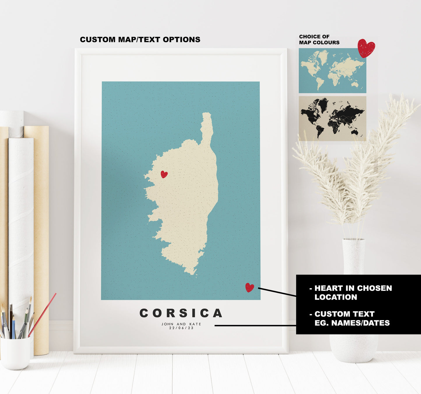 Corsica Map Print - Personalised Map Gift - Framed or Canvas Options Available - Custom Text Options - Personalised Gift - Europe