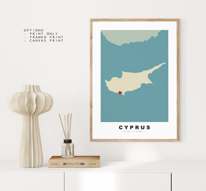 Cyprus Map Print - Personalised Map Gift - Framed or Canvas Options Available - Custom Text Options - Personalised Gift - Europe