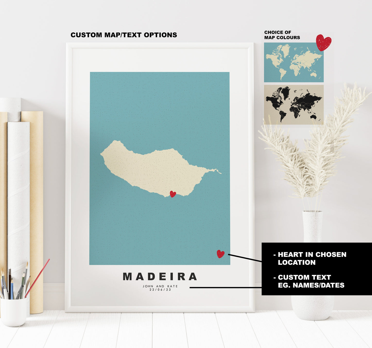 Madeira Map Print - Personalised Map Gift - Framed or Canvas Options Available - Custom Text Options - Personalised Gift - Portugal & Islands