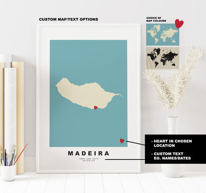 Madeira Map Print - Personalised Map Gift - Framed or Canvas Options Available - Custom Text Options - Personalised Gift - Portugal & Islands