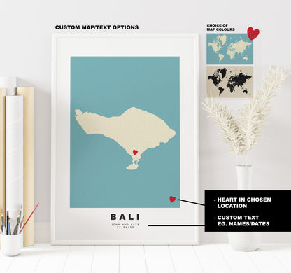 Bali Map Print - Personalised Map Gift - Framed or Canvas Options Available - Custom Text Options - Personalised Gift - Asia