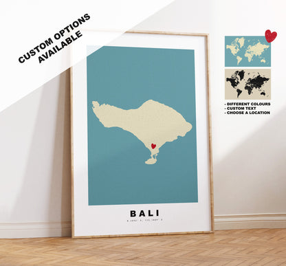 Bali Map Print - Personalised Map Gift - Framed or Canvas Options Available - Custom Text Options - Personalised Gift - Asia