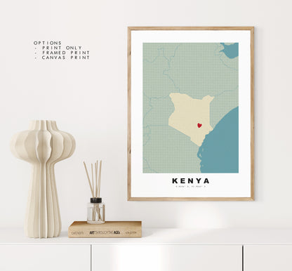 Kenya Map Print - Personalised Map Gift - Framed or Canvas Options Available - Custom Text Options - Personalised Gift - Africa