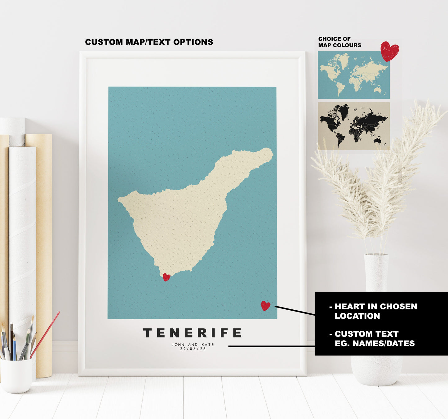 Tenerife Map Print - Personalised Map Gift - Framed or Canvas Options Available - Custom Text Options - Personalised Gift - Spain & Islands