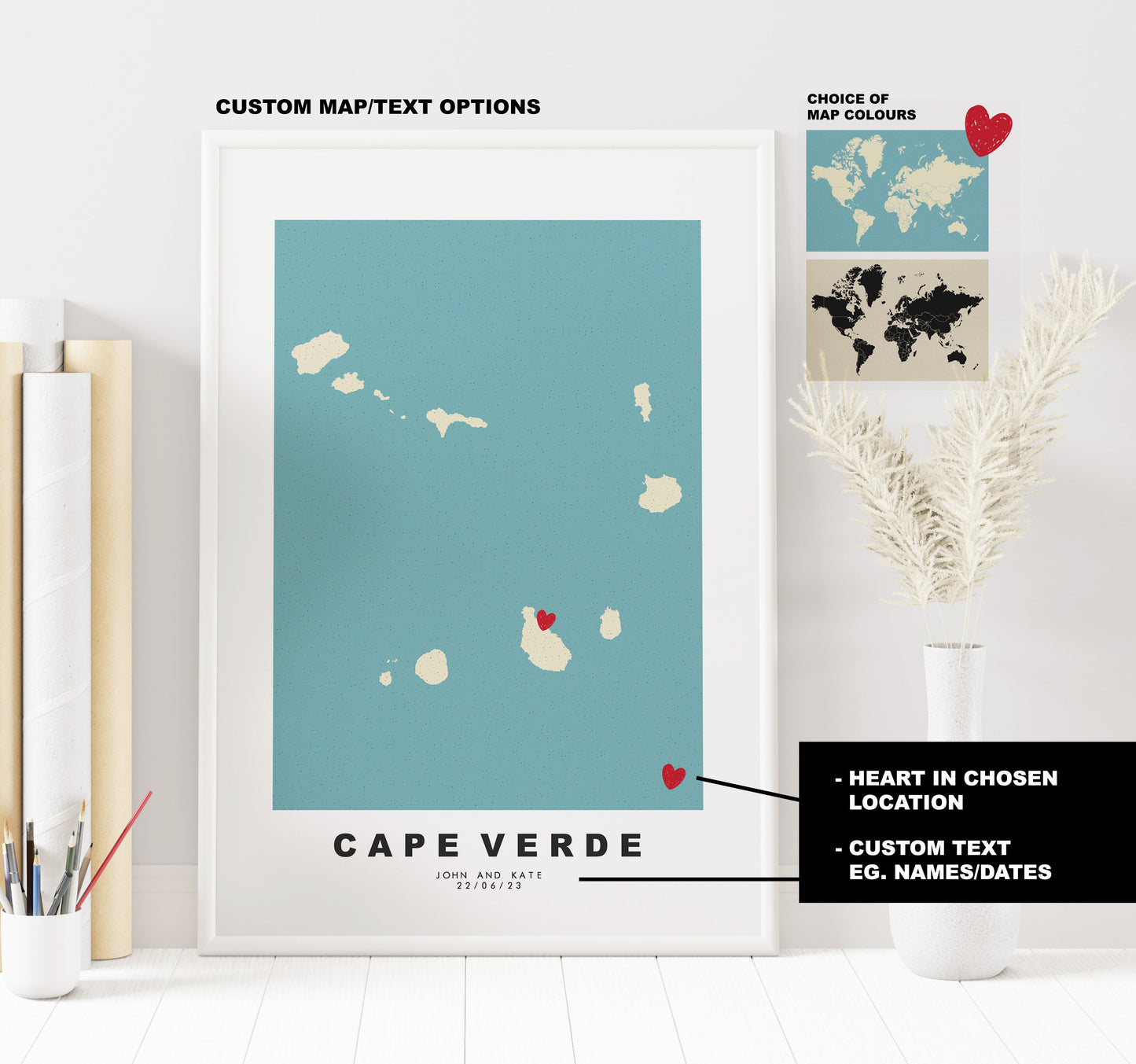 Cape Verde Map Print - Personalised Map Gift - Framed or Canvas Options Available - Custom Text Options - Personalised Gift - Africa