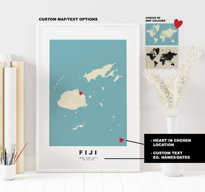 Fiji Map Print - Personalised Map Gift - Framed or Canvas Options Available - Custom Text Options - Personalised Gift - Oceania