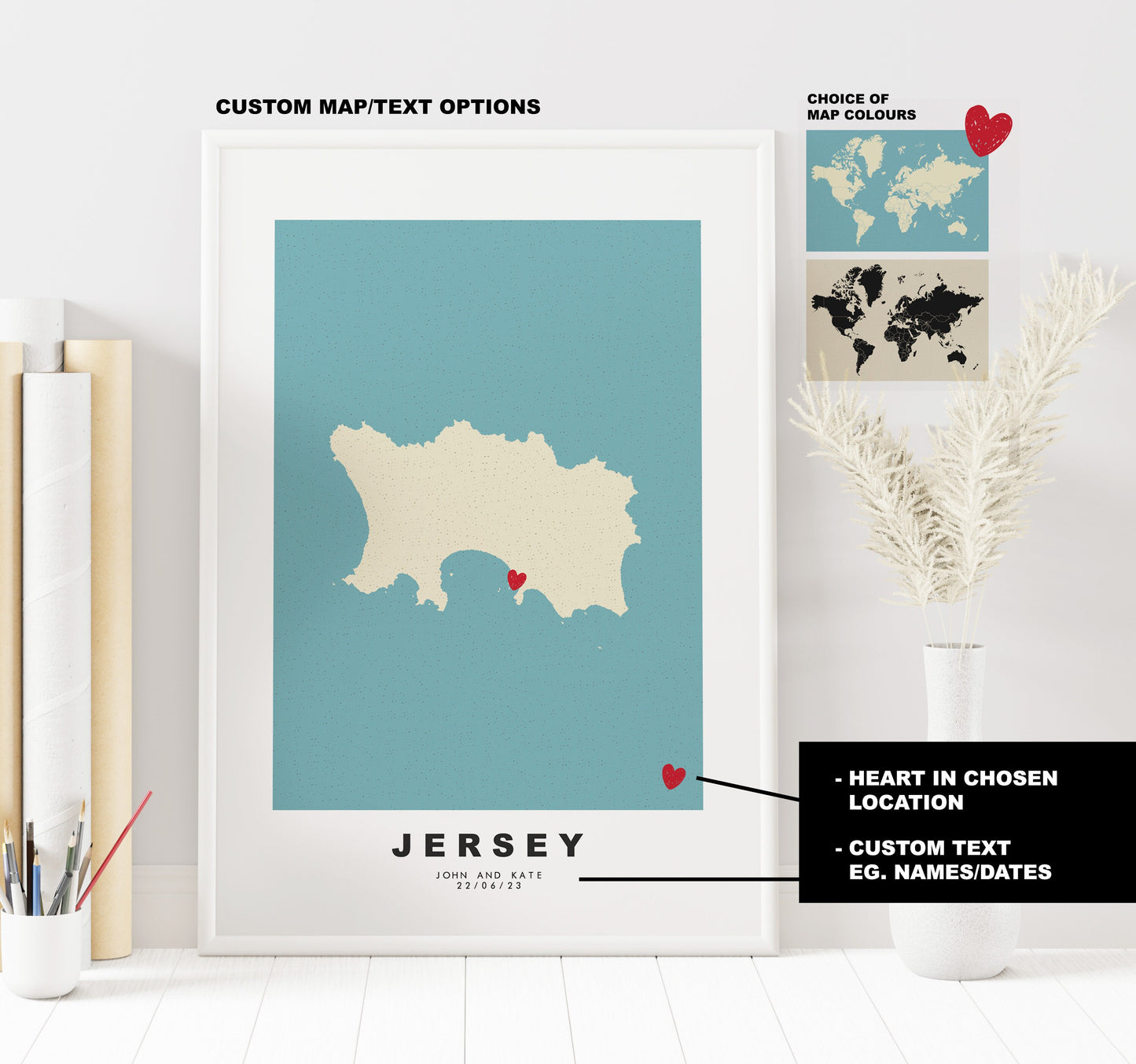 Jersey Map Print - Personalised Map Gift - Framed or Canvas Options Available - Custom Text Options - Personalised Gift - UK and Counties