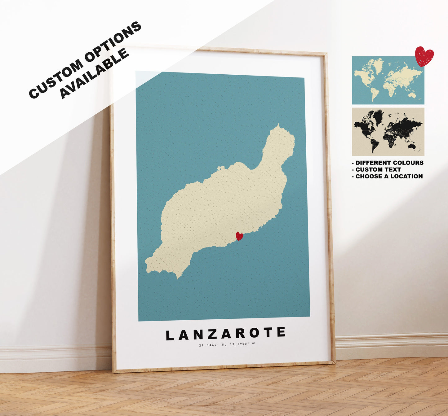 Lanzarote Map Print - Personalised Map Gift - Framed or Canvas Options Available - Custom Text Options - Personalised Gift - Spain & Islands