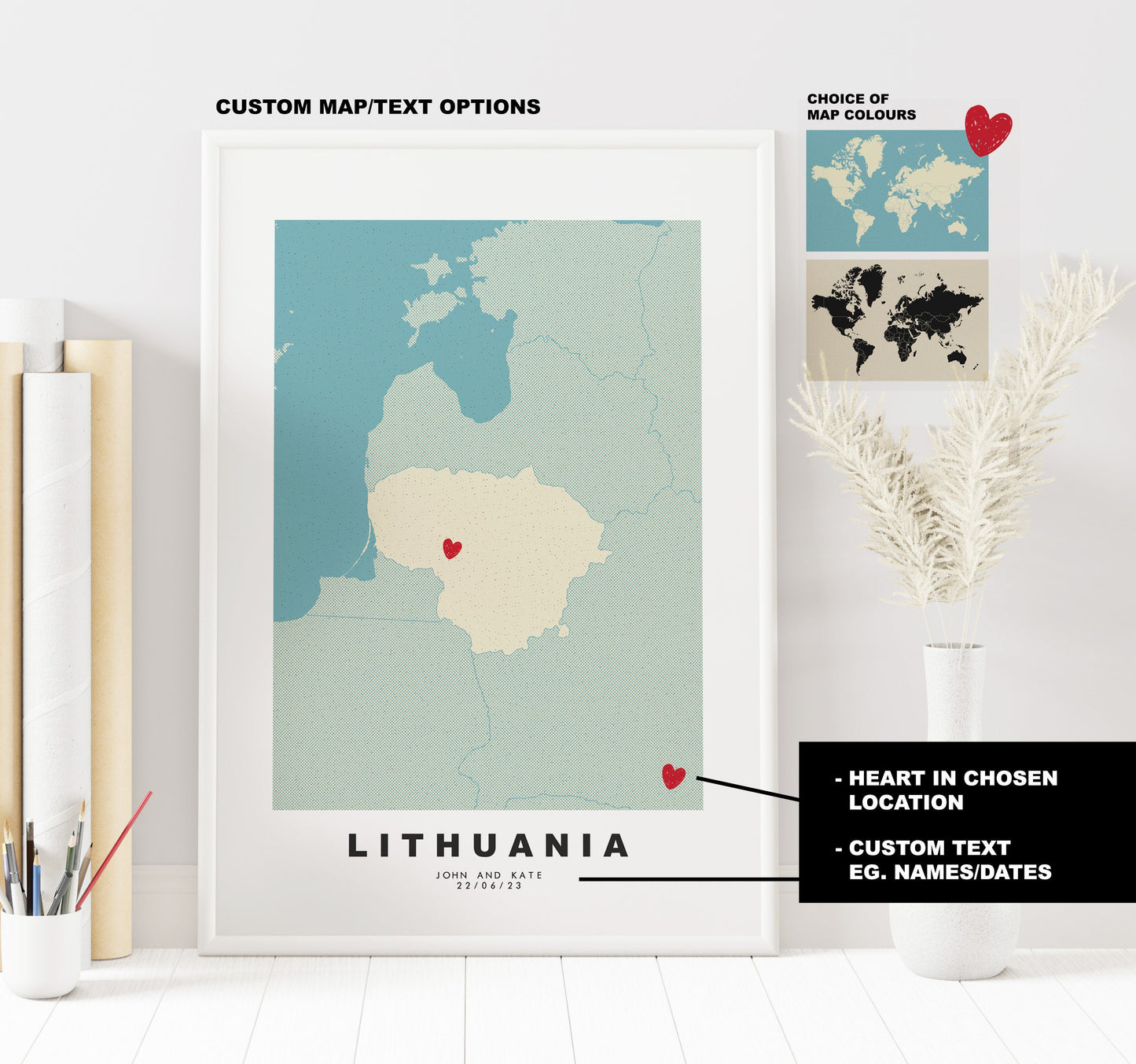 Lithuania Map Print - Personalised Map Gift - Framed or Canvas Options Available - Custom Text Options - Personalised Gift - Europe