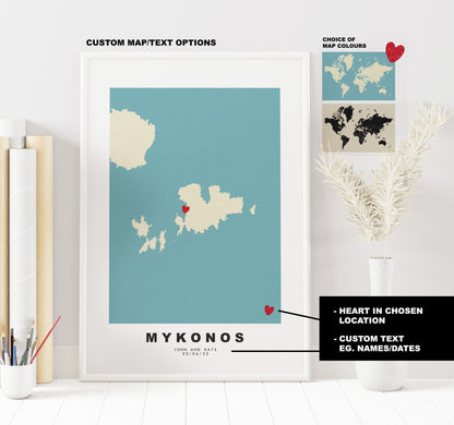 Mykonos Map Print - Personalised Map Gift - Framed or Canvas Options Available - Custom Text Options - Personalised Gift - Greece & Islands