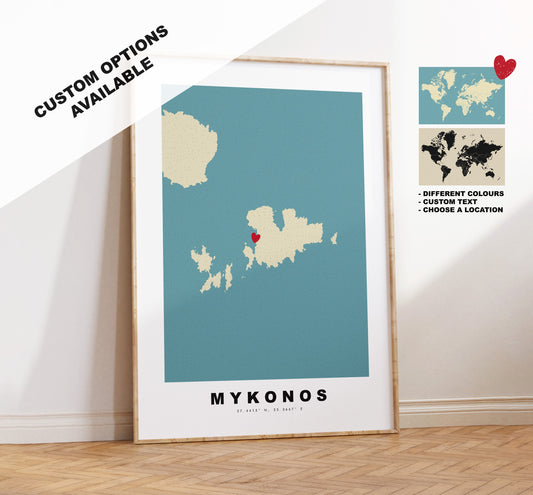 Mykonos Map Print - Personalised Map Gift - Framed or Canvas Options Available - Custom Text Options - Personalised Gift - Greece & Islands