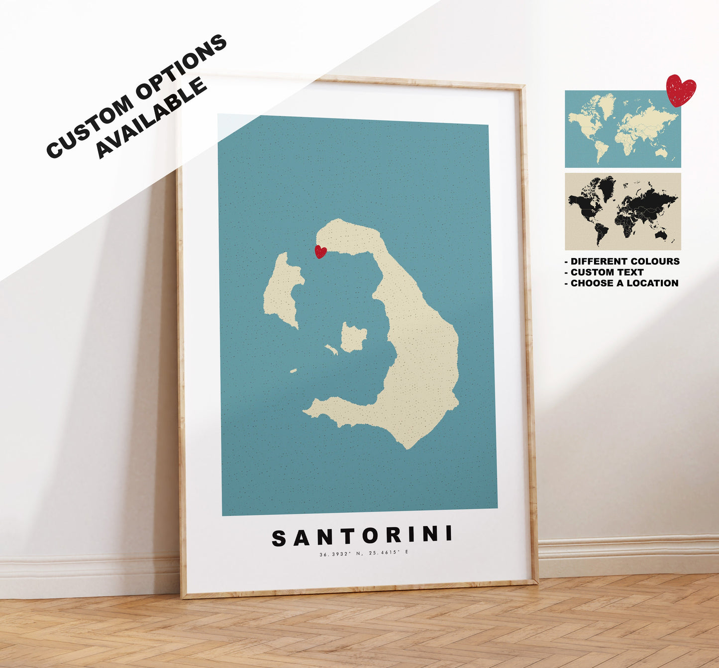 Santorini Map Print - Personalised Map Gift - Framed or Canvas Options Available - Custom Text Options - Personalised Gift - Greece & Islands