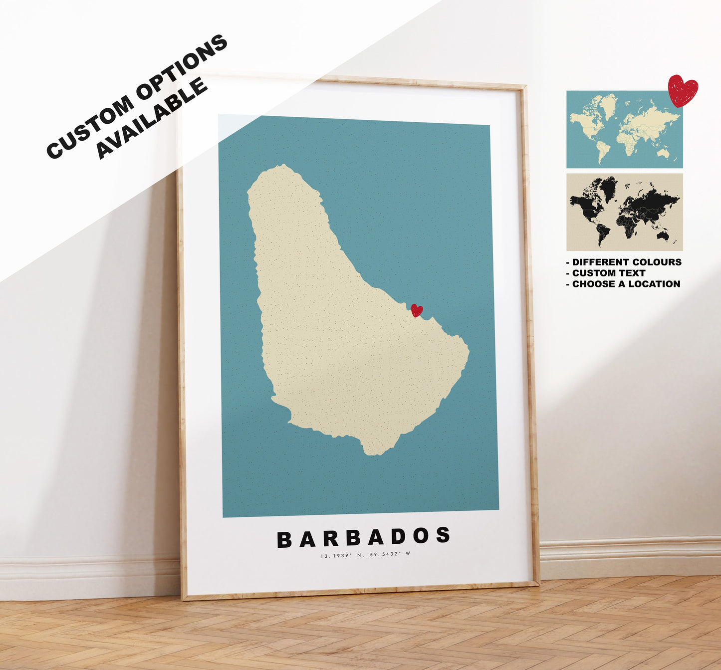 Barbados Map Print - Personalised Map Gift - Framed or Canvas Options Available - Custom Text Options - Personalised Gift - Caribbean