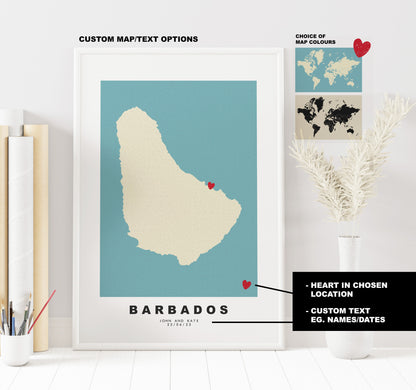 Barbados Map Print - Personalised Map Gift - Framed or Canvas Options Available - Custom Text Options - Personalised Gift - Caribbean