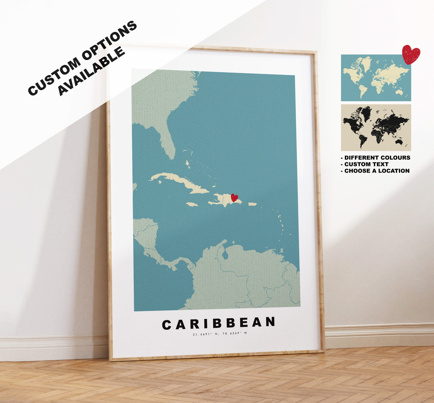 Caribbean Map Print - Personalised Map Gift - Framed or Canvas Options Available - Custom Text Options - Personalised Gift - Carribean