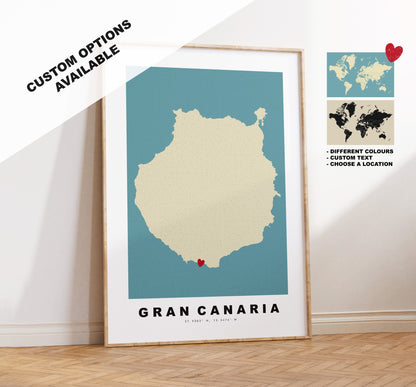 Gran Canaria Map Print - Personalised Map Gift - Framed or Canvas Options Available - Custom Text Options - Personalised Gift - Spain & Islands