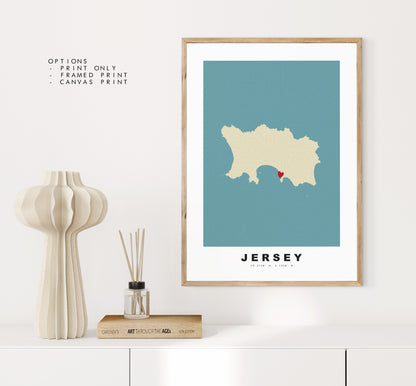 Jersey Map Print - Personalised Map Gift - Framed or Canvas Options Available - Custom Text Options - Personalised Gift - UK and Counties