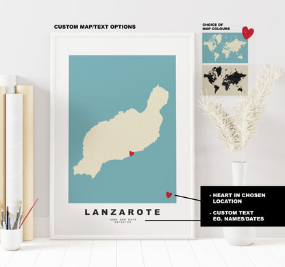 Lanzarote Map Print - Personalised Map Gift - Framed or Canvas Options Available - Custom Text Options - Personalised Gift - Spain & Islands