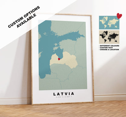 Latvia Map Print - Personalised Map Gift - Framed or Canvas Options Available - Custom Text Options - Personalised Gift - Europe