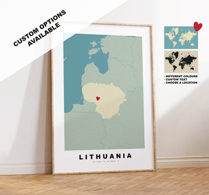 Lithuania Map Print - Personalised Map Gift - Framed or Canvas Options Available - Custom Text Options - Personalised Gift - Europe