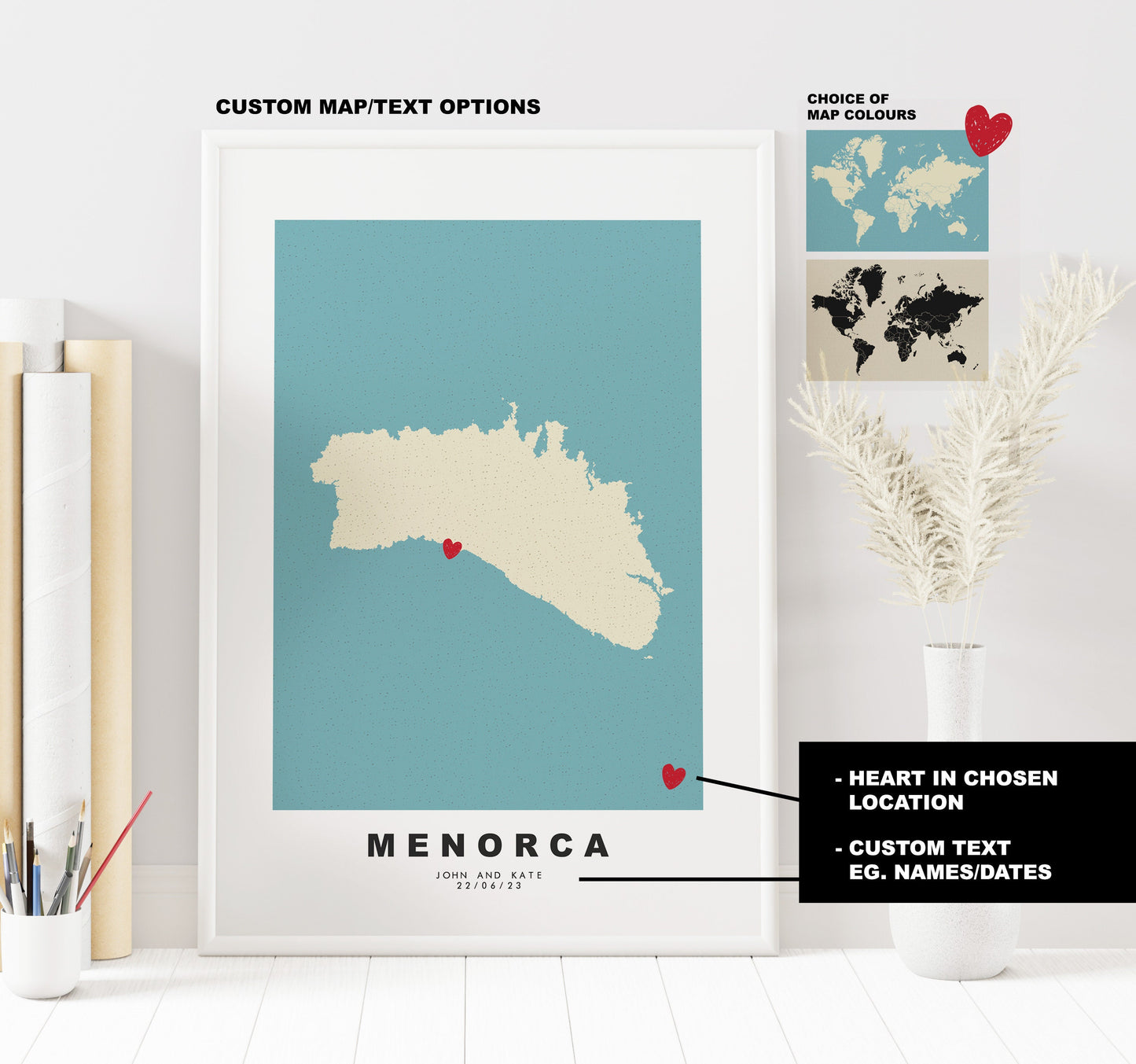 Menorca Map Print - Personalised Map Gift - Framed or Canvas Options Available - Custom Text Options - Personalised Gift - Spain & Islands