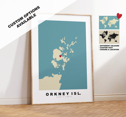 Orkney Map Print - Personalised Map Gift - Framed or Canvas Options Available - Custom Text Options - Personalised Gift - UK and Counties