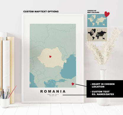 Romania Map Print - Personalised Map Gift - Framed or Canvas Options Available - Custom Text Options - Personalised Gift - Europe