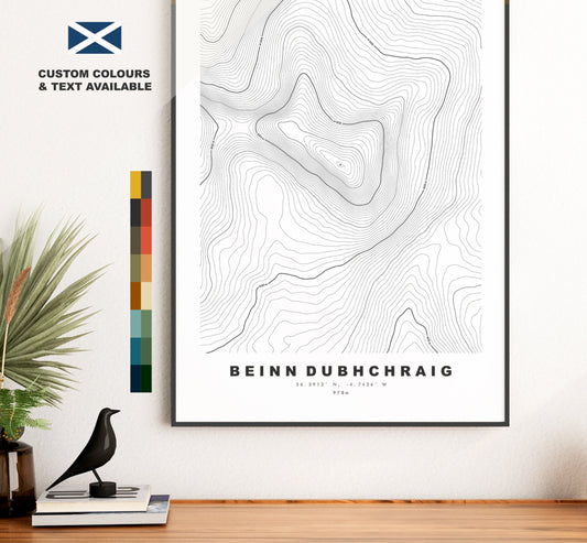 Beinn Dubhchraig Print - Contour Map - Beinn Dubhchraig Poster - Scotland - Topographic Map - Print - Wall Art - Beinn Dubhchraig Map