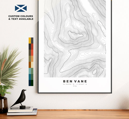 Ben Vane Print - Contour Map - Ben Vane Poster - Scotland - Topographic Map - Print - Wall Art - Beinn Mheadhain Map