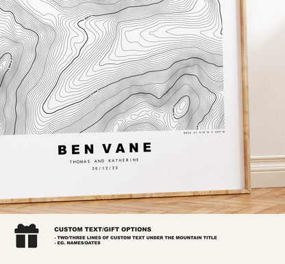 Ben Vane Print - Contour Map - Ben Vane Poster - Scotland - Topographic Map - Print - Wall Art - Beinn Mheadhain Map