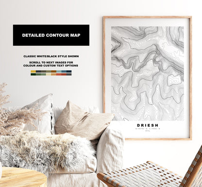 Driesh Print - Contour Map - Driesh Poster - Scotland - Topographic Map - Print - Wall Art - Driesh Map - Driesh and Mayar - Angus Scotland