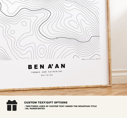 Ben Aan Print - Contour Map - Ben Aan Poster - Scotland - Topographic Map - Print - Wall Art - Ben A'an - Trossachs - Loch Katrine