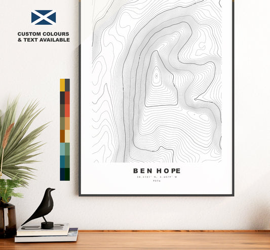 Ben Hope Print - Contour Map - Ben Hope Poster - Scotland - Topographic Map - Print - Wall Art - Ben Hope Map - Munros - Topography