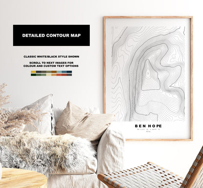 Ben Hope Print - Contour Map - Ben Hope Poster - Scotland - Topographic Map - Print - Wall Art - Ben Hope Map - Munros - Topography