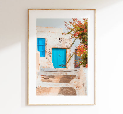 Greece Architecture Photography Print - Greece - Print - Poster - Santorini Photography - Greece Wall Art - Blue Door - Flowers - Greek Art