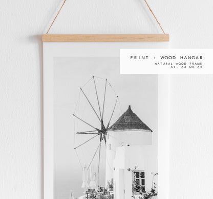 Santorini Black and White Print - Greece - Print - Poster - Santorini Photography - Greece Wall Art - Monochrome - Windmill - Black & White