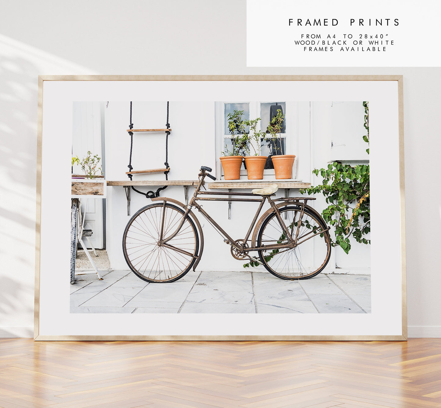 Bike Photography Print - Greece - Print - Poster - Santorini Photography - Greece Wall Art - Rustic Bike - Landscape - Bike Wall Art