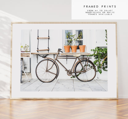 Bike Photography Print - Greece - Print - Poster - Santorini Photography - Greece Wall Art - Rustic Bike - Landscape - Bike Wall Art